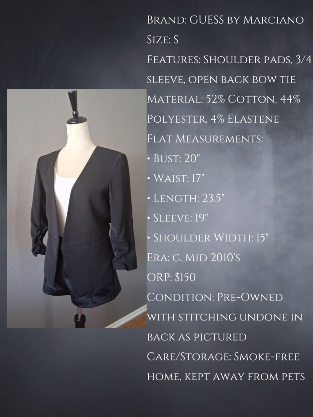 🪦 GUESS by Marciano 3/4 Sleeve Open Back Bow Tie Blazer Jacket Size S 🪦